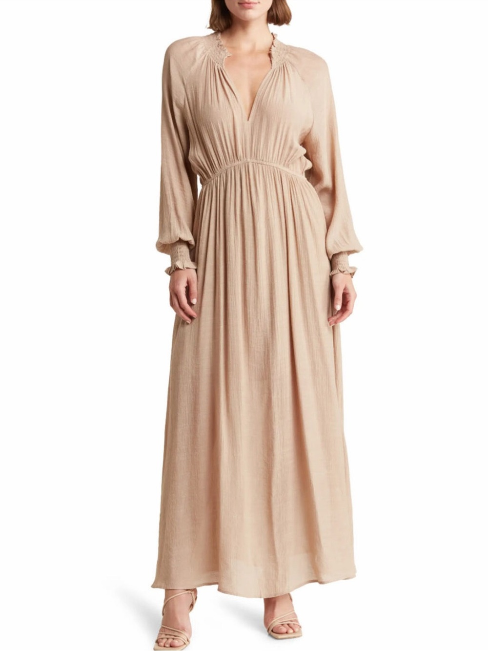 Smocked-Neck Maxi Dress in Blush Tan
